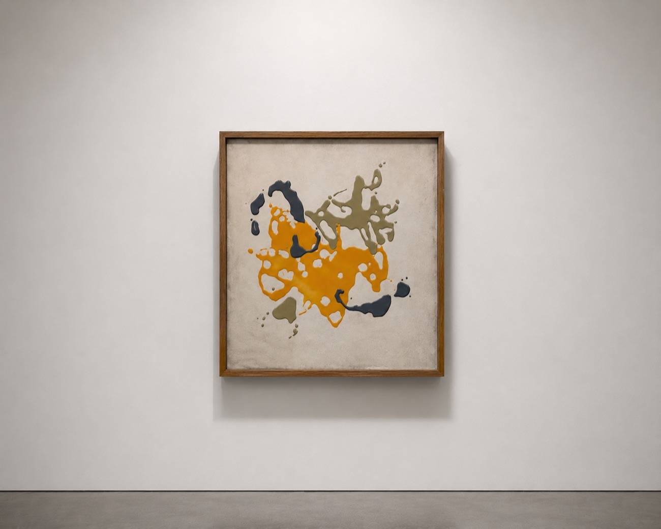 Framed resin artwork, ochre, navy and olive forms on cream