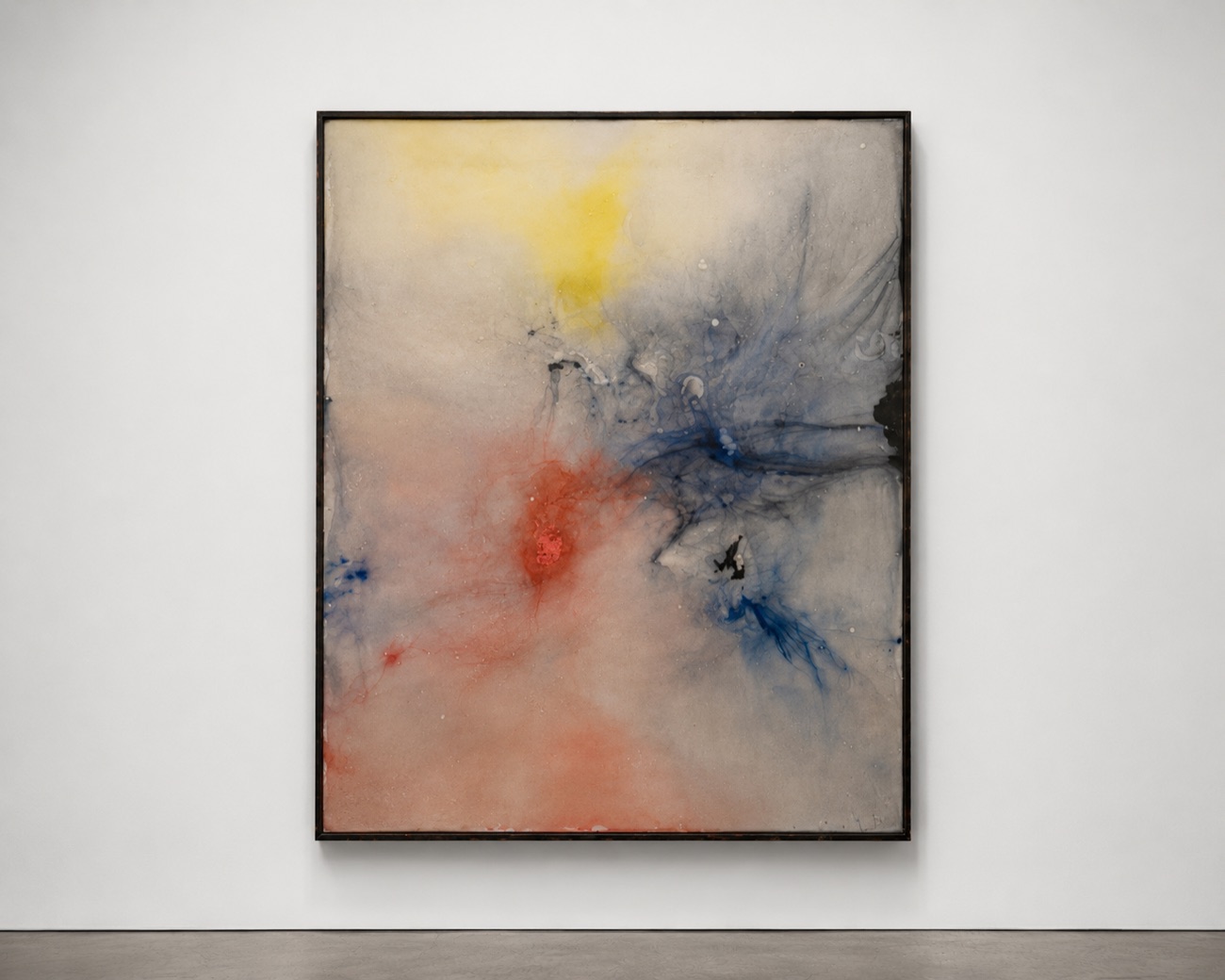 Framed atmospheric resin artwork in yellow, red and blue