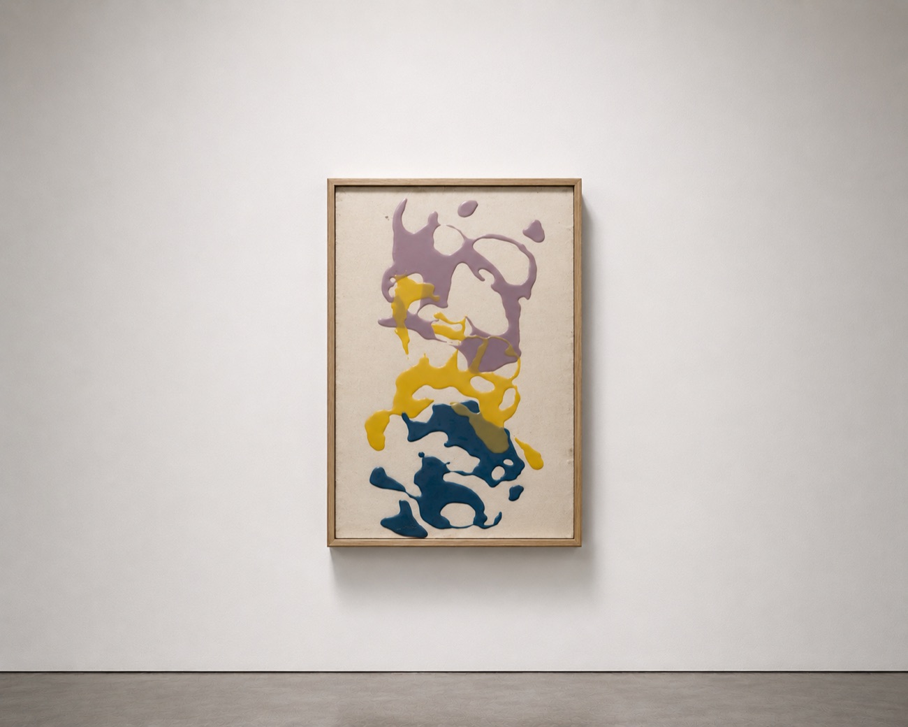 Framed resin artwork, poured purple, yellow and blue forms on cream