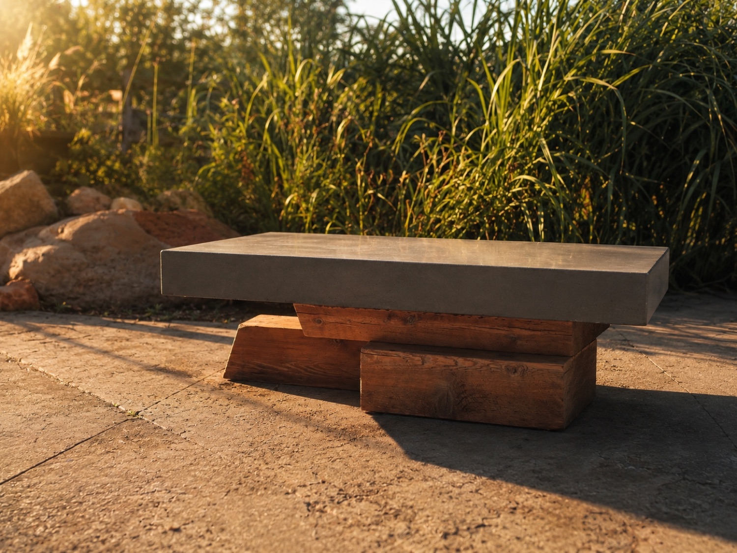 Cast-concrete and reclaimed-timber bench in a garden at golden hour
