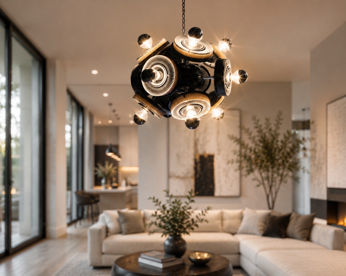Spherical multi-bulb chandelier in a modern living room