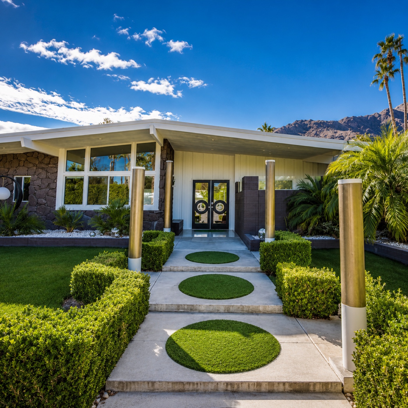 Mid-century home with sculpted landscape design by day