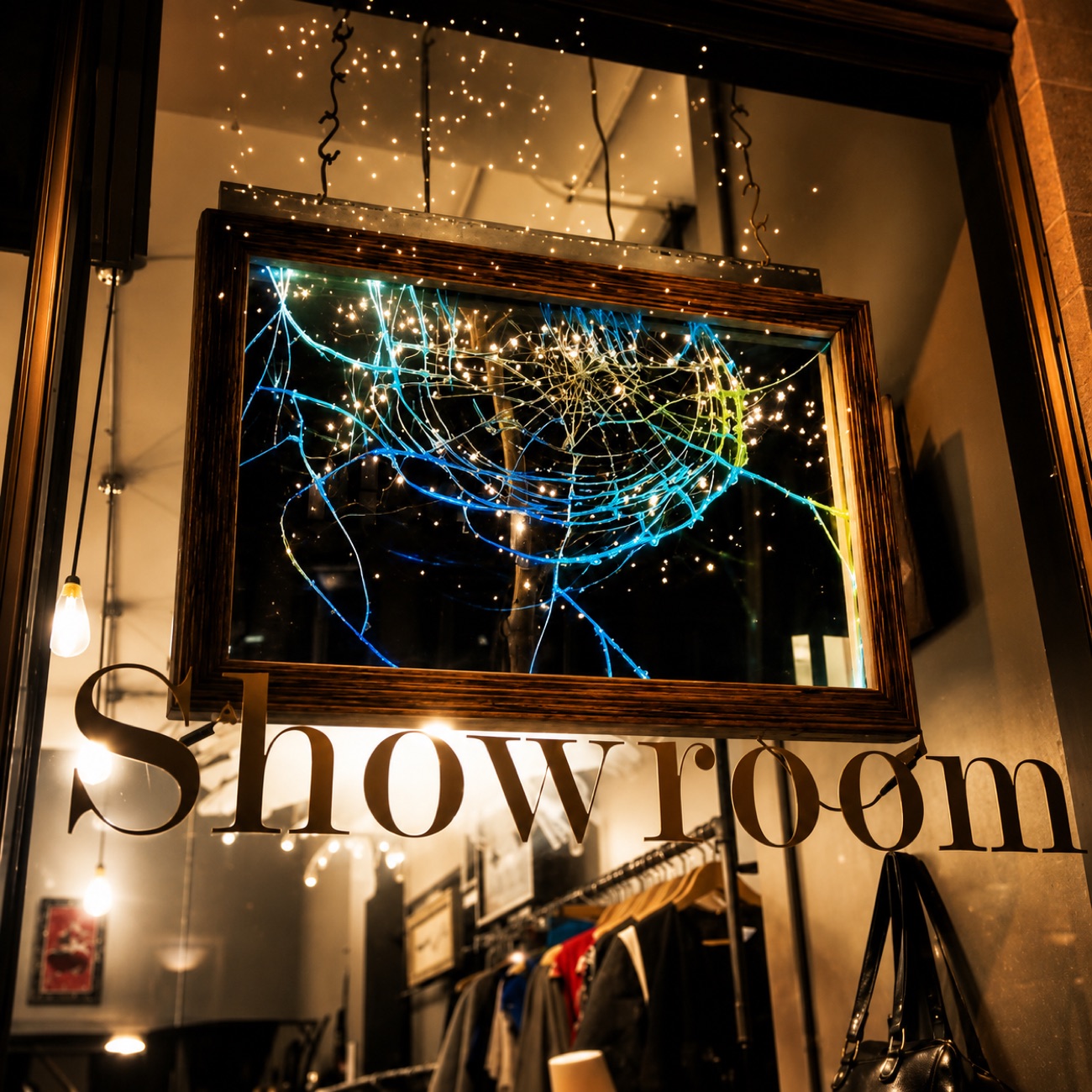 Fiber-light artwork glowing in a showroom window